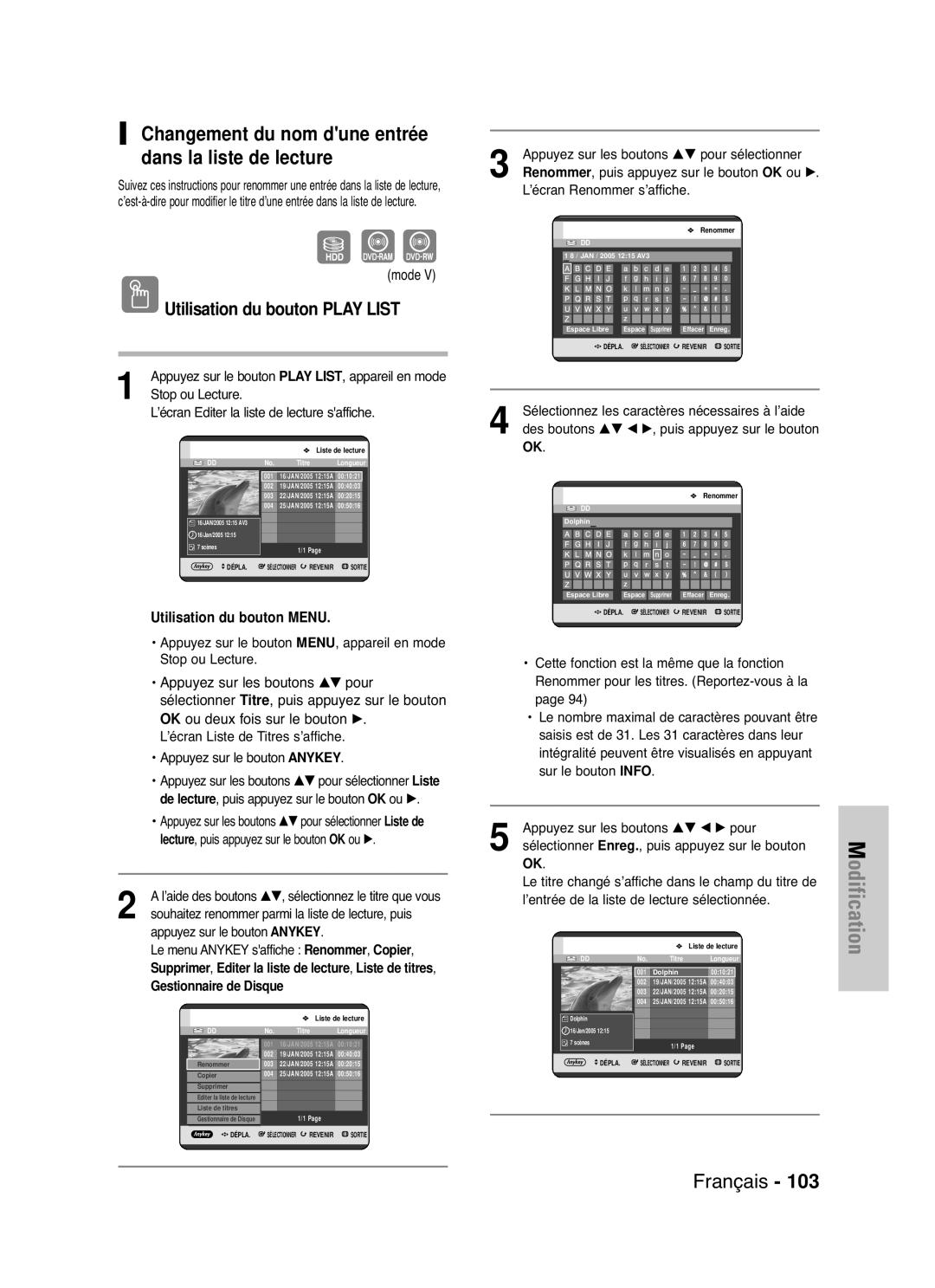 Samsung DVD-HR721/XEF manual Stop ou Lecture ’écran Editer la liste de lecture saffiche, Puis appuyez sur le bouton 