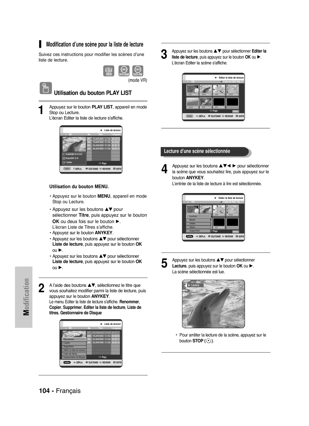 Samsung DVD-HR721/XEF Modification d’une scène pour la liste de lecture, ’aide des boutons …†, sélectionnez le titre que 