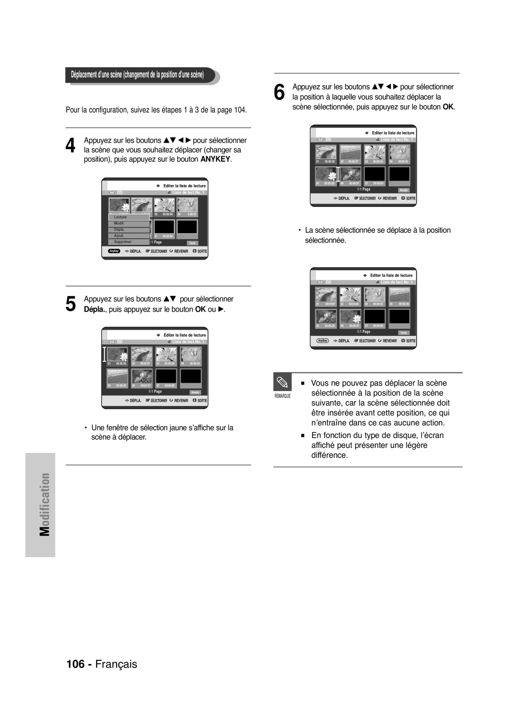 Samsung DVD-HR721/XEF manual Vous ne pouvez pas déplacer la scène, La position à laquelle vous souhaitez déplacer la 