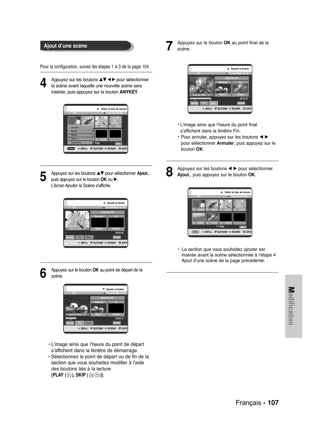 Samsung DVD-HR721/XEF manual Play , Skip, Appuyez sur les boutons …†œ√ pour sélectionner, Scène 