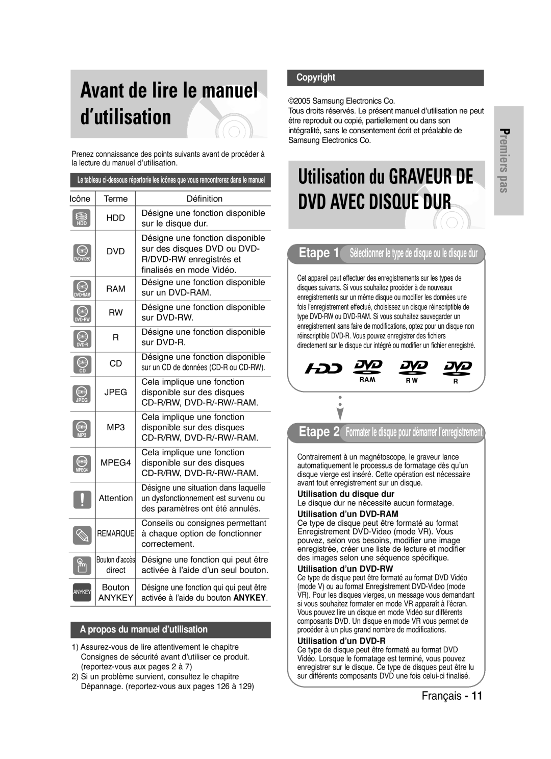 Samsung DVD-HR721/XEF manual Utilisation du disque dur, Utilisation d’un DVD-RAM, Utilisation d’un DVD-RW 