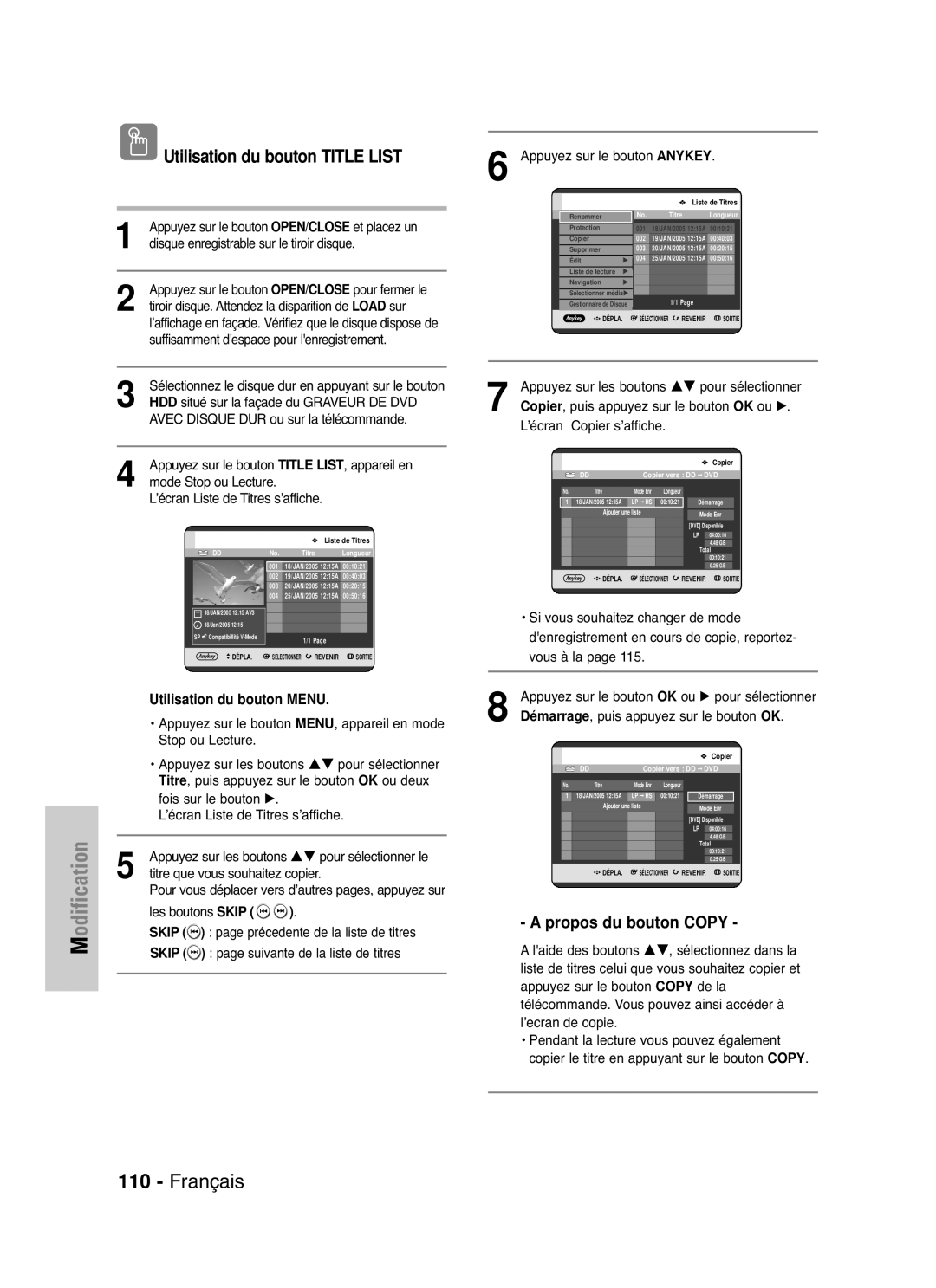 Samsung DVD-HR721/XEF manual Copier , puis appuyez sur le bouton OK ou √, ’écran Copier s’affiche 