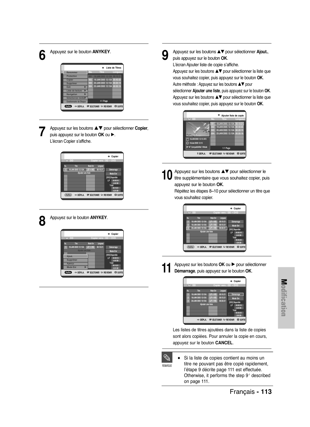 Samsung DVD-HR721/XEF manual Otherwise, it performs the -1described on, ’écran Ajouter liste de copie s’affiche 