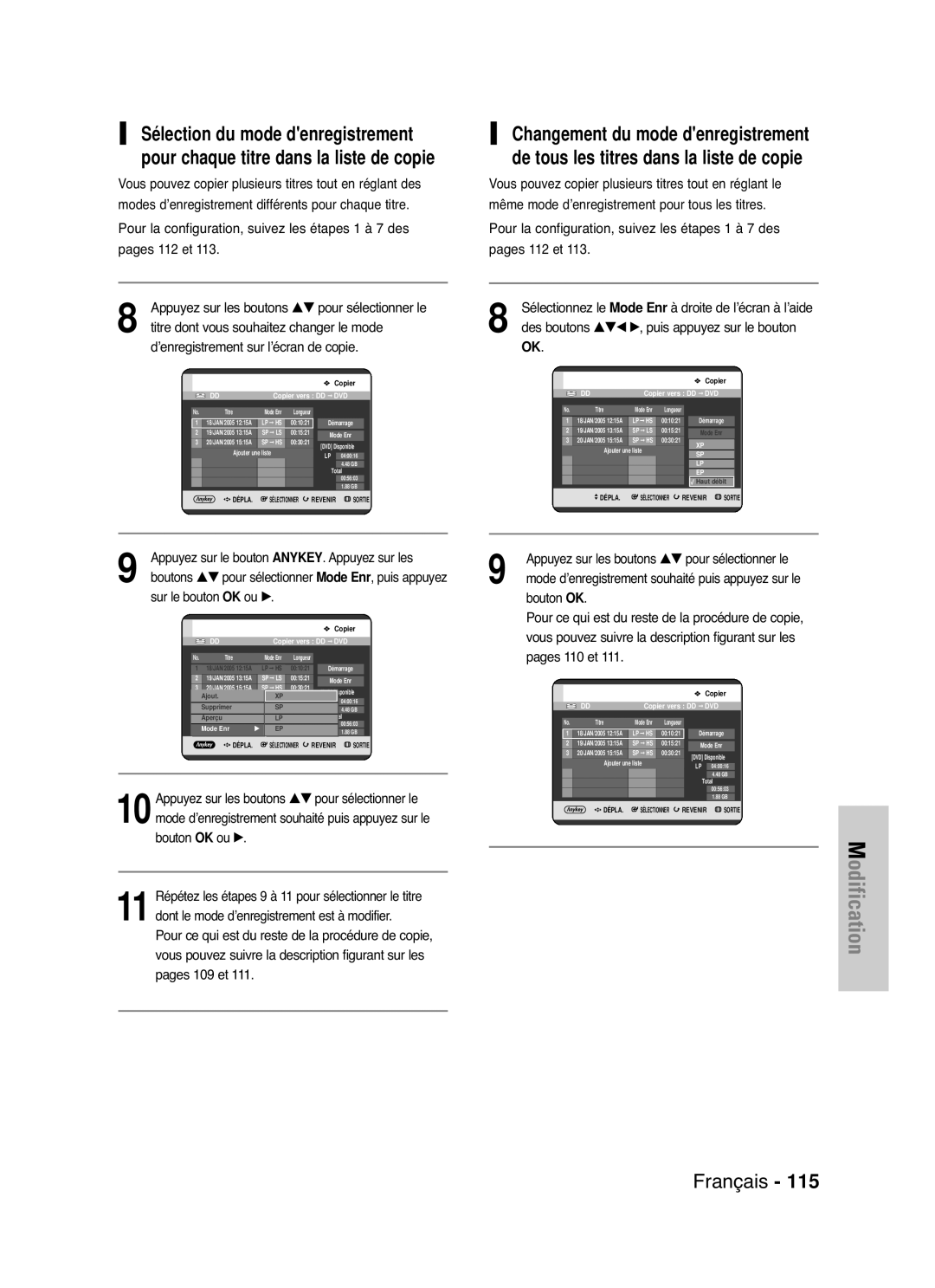 Samsung DVD-HR721/XEF manual Sélection du mode denregistrement, Pour chaque titre dans la liste de copie, Appuyez sur les 