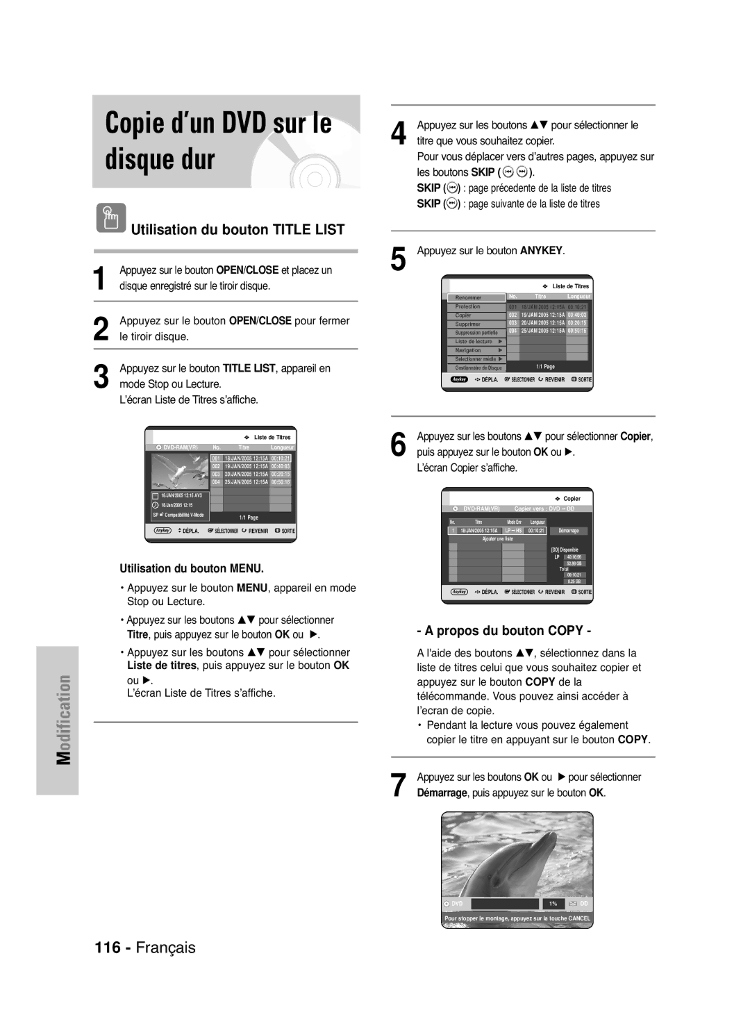 Samsung DVD-HR721/XEF manual Copie d’un DVD sur le disque dur, Propos du bouton Copy, Précedente de la liste de titres 