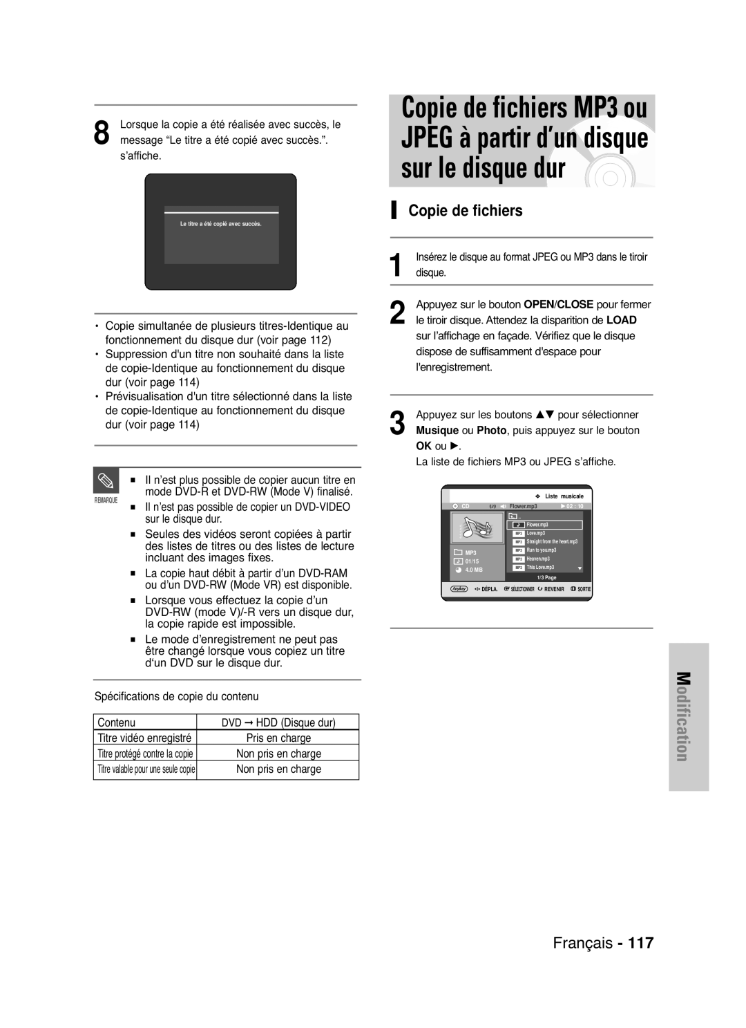 Samsung DVD-HR721/XEF manual Copie de fichiers 