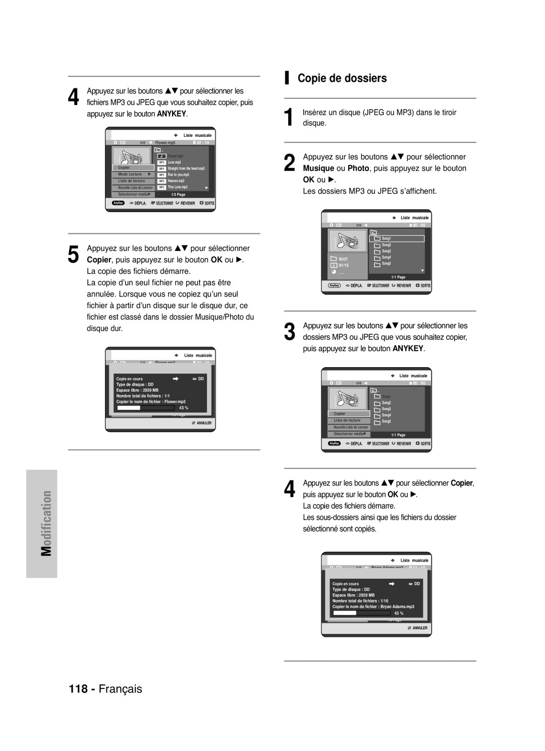 Samsung DVD-HR721/XEF manual Copie de dossiers, Insérez un disque Jpeg ou MP3 dans le tiroir, Sélectionné sont copiés 