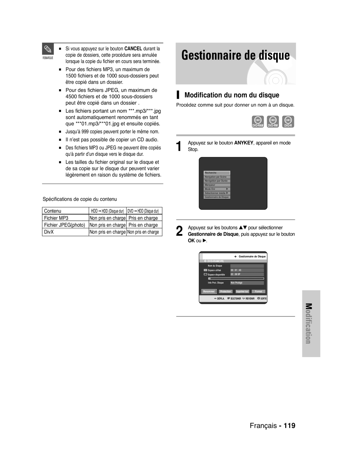 Samsung DVD-HR721/XEF manual Modification du nom du disque 