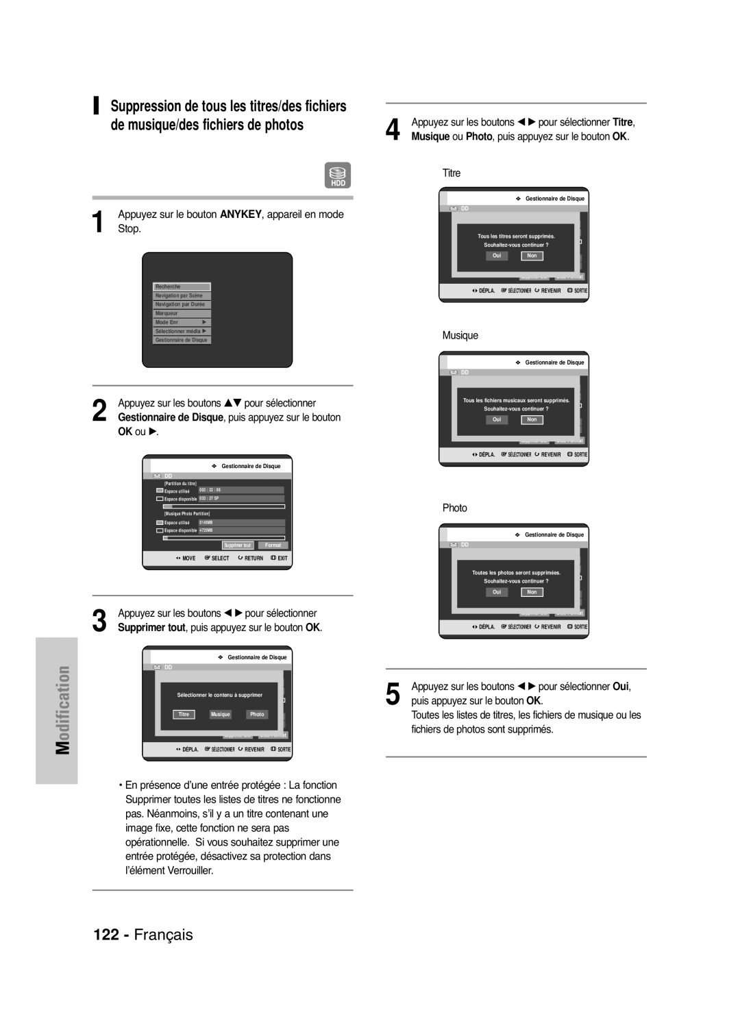 Samsung DVD-HR721/XEF manual Titre, Musique, Photo, Puis appuyez sur le bouton 