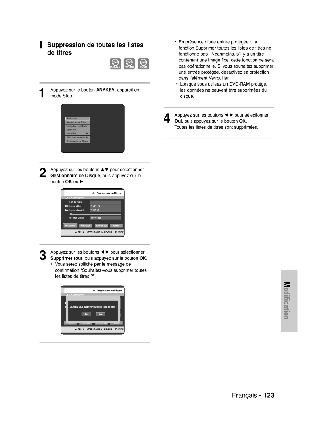 Samsung DVD-HR721/XEF manual Suppression de toutes les listes de titres, Appuyez sur les boutons œ √ pour sélectionner 