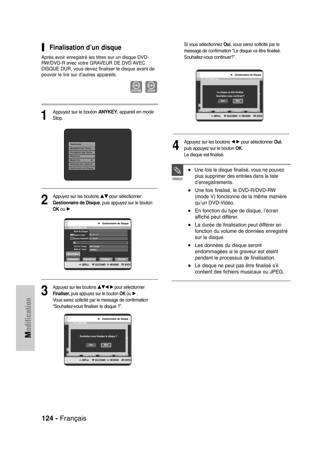 Samsung DVD-HR721/XEF manual Finalisation d’un disque, Une fois le disque finalisé, vous ne pouvez 