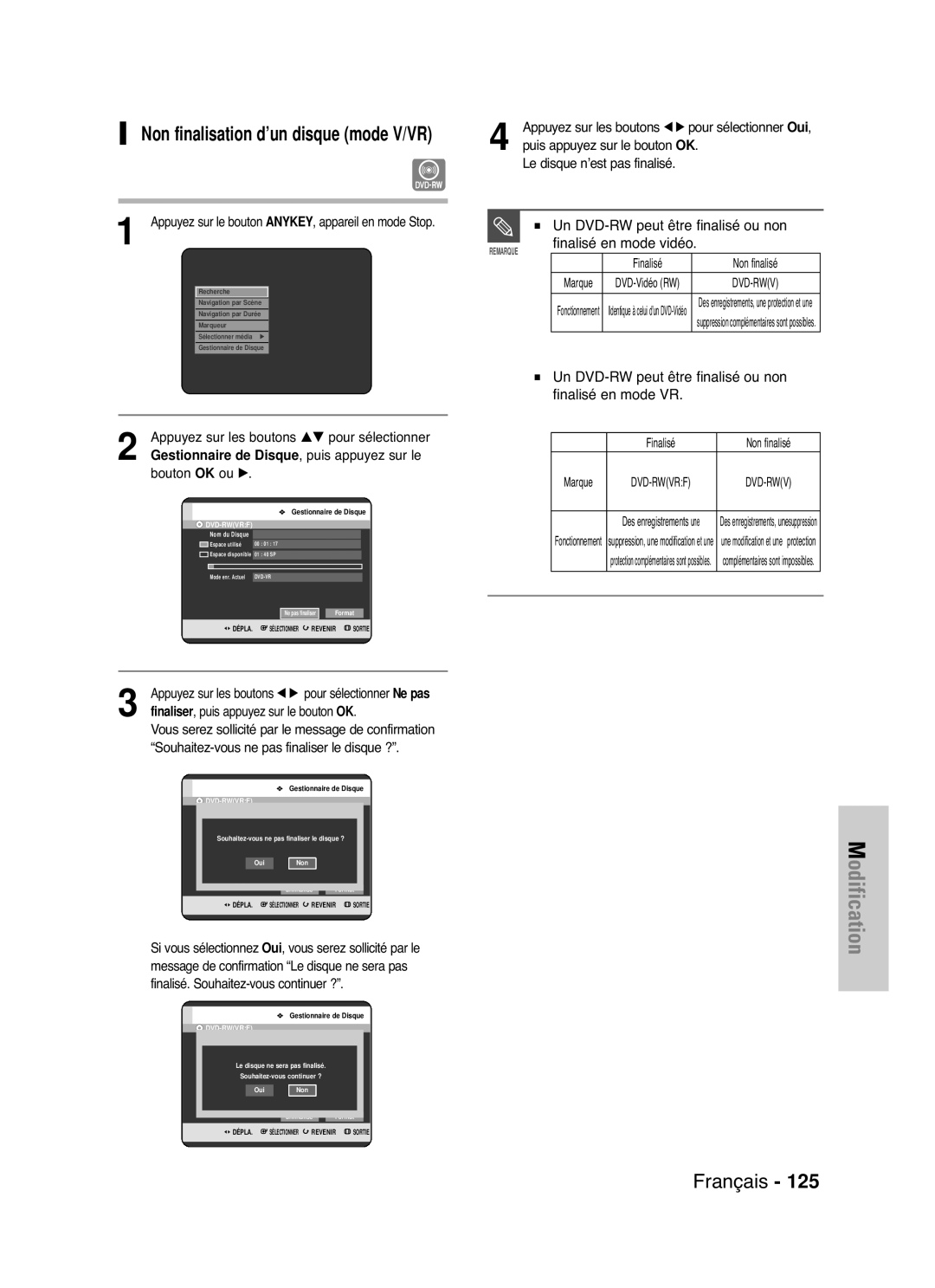 Samsung DVD-HR721/XEF manual Non finalisation d’un disque mode V/VR, Un DVD-RW peut être finalisé ou non 