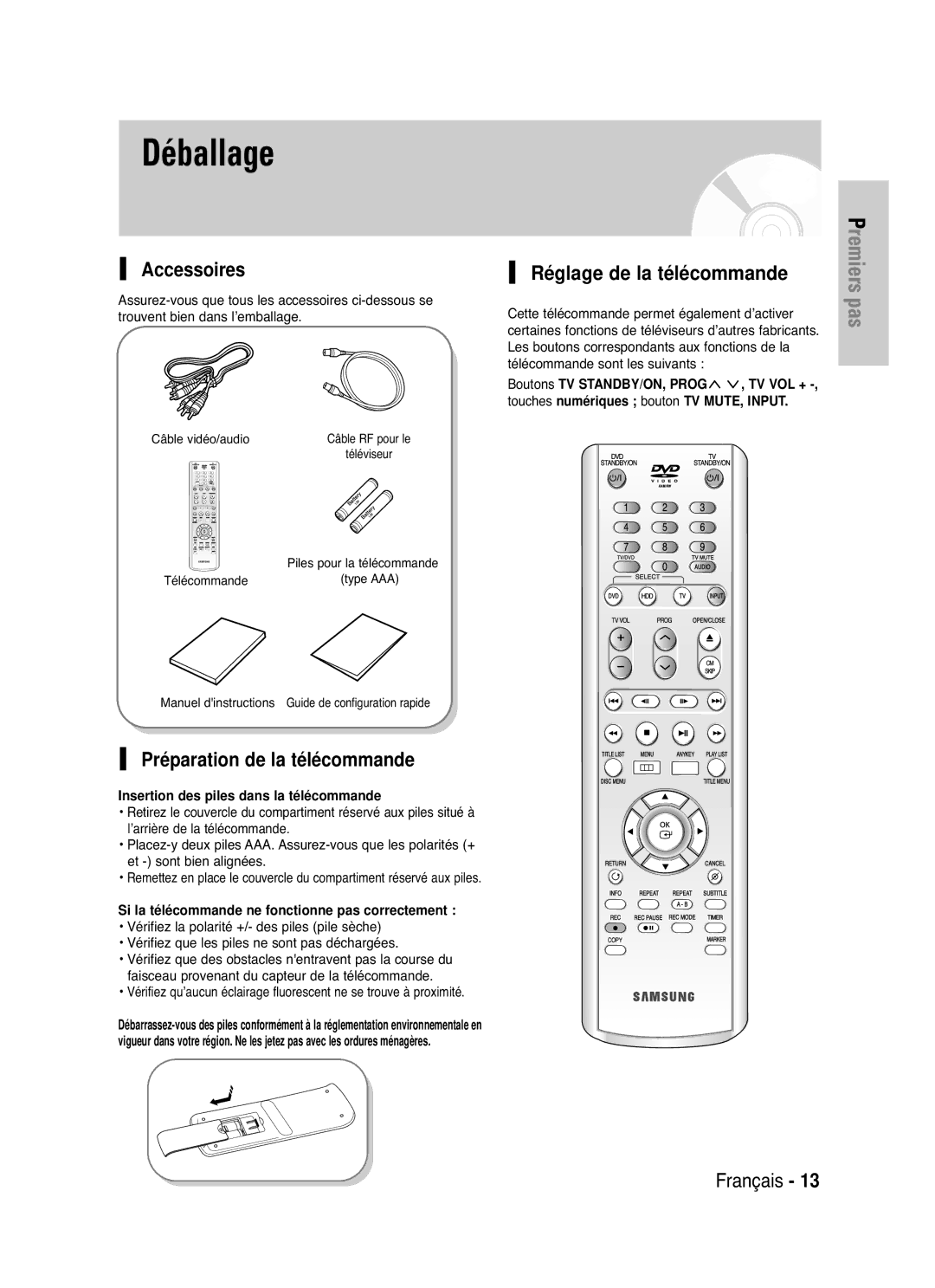 Samsung DVD-HR721/XEF manual Accessoires, Préparation de la télécommande, Réglage de la télécommande 