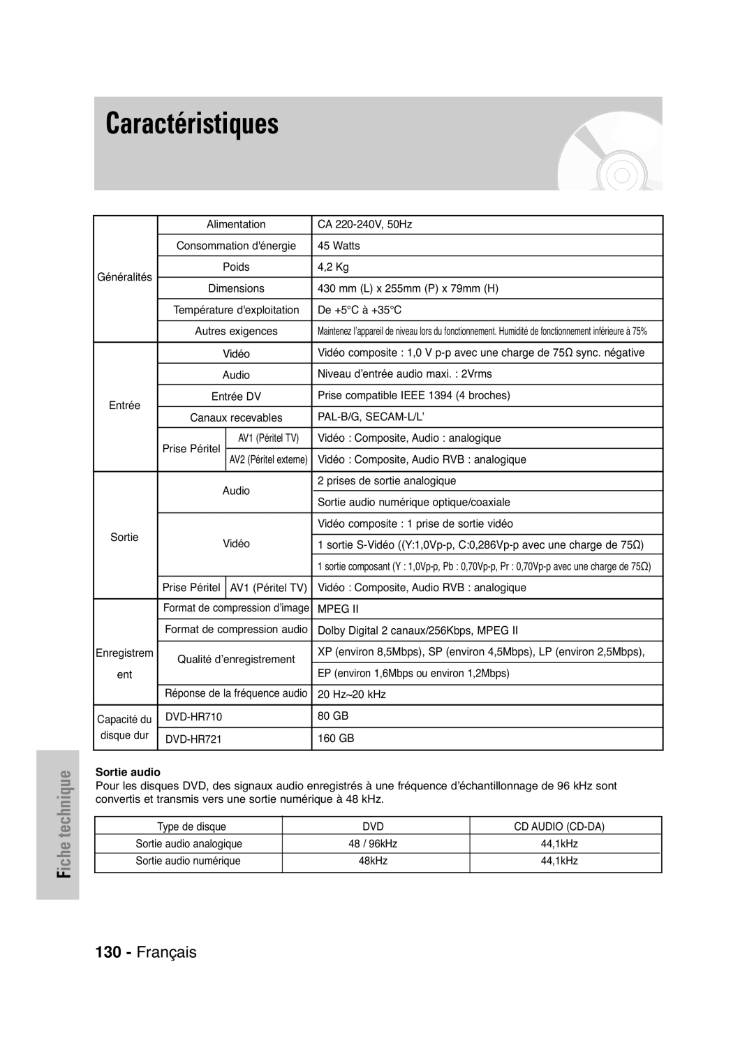 Samsung DVD-HR721/XEF manual Sortie audio 