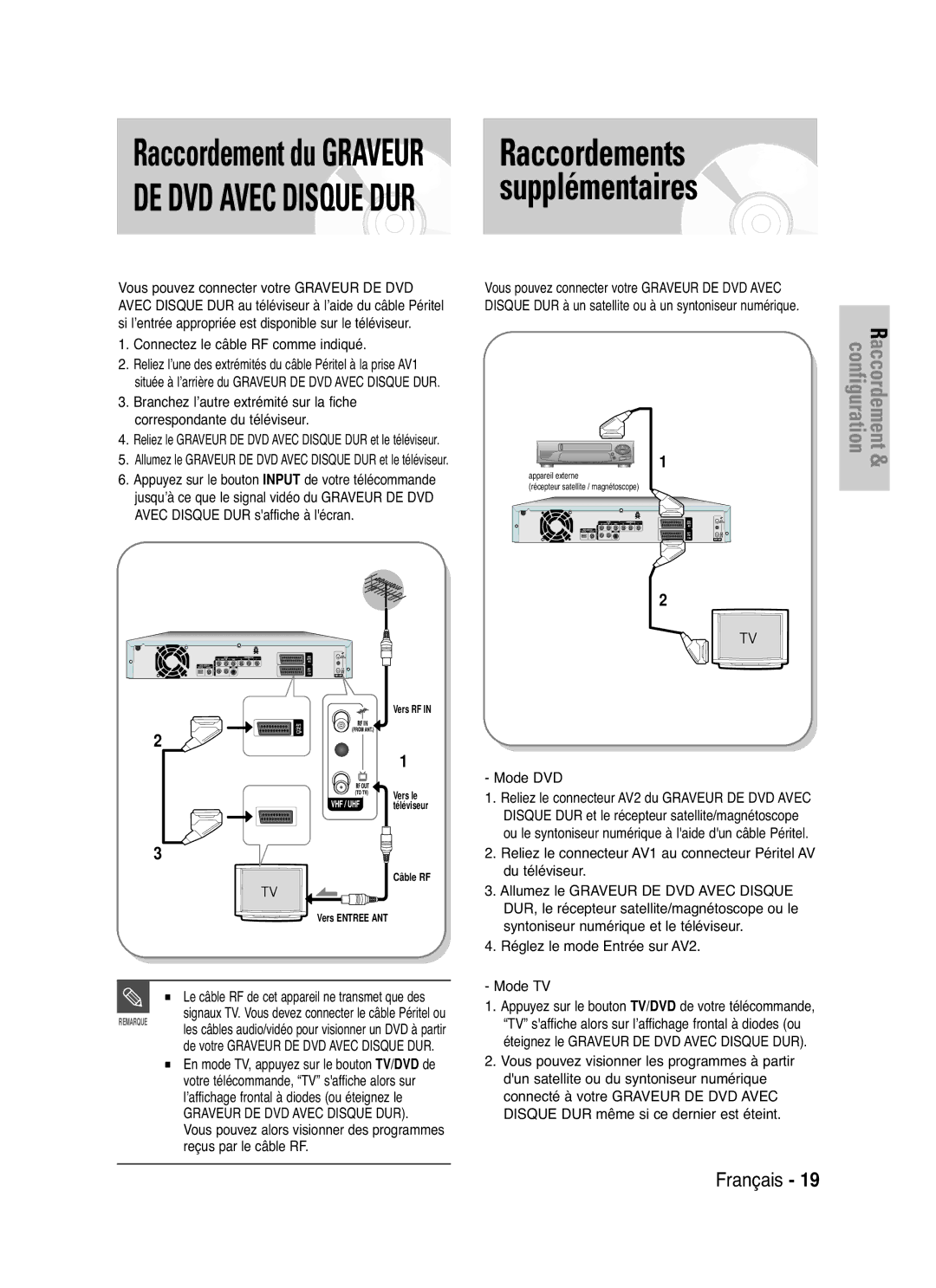 Samsung DVD-HR721/XEF manual Raccordement du Graveur Raccordements, Connectez le câble RF comme indiqué, Mode TV 