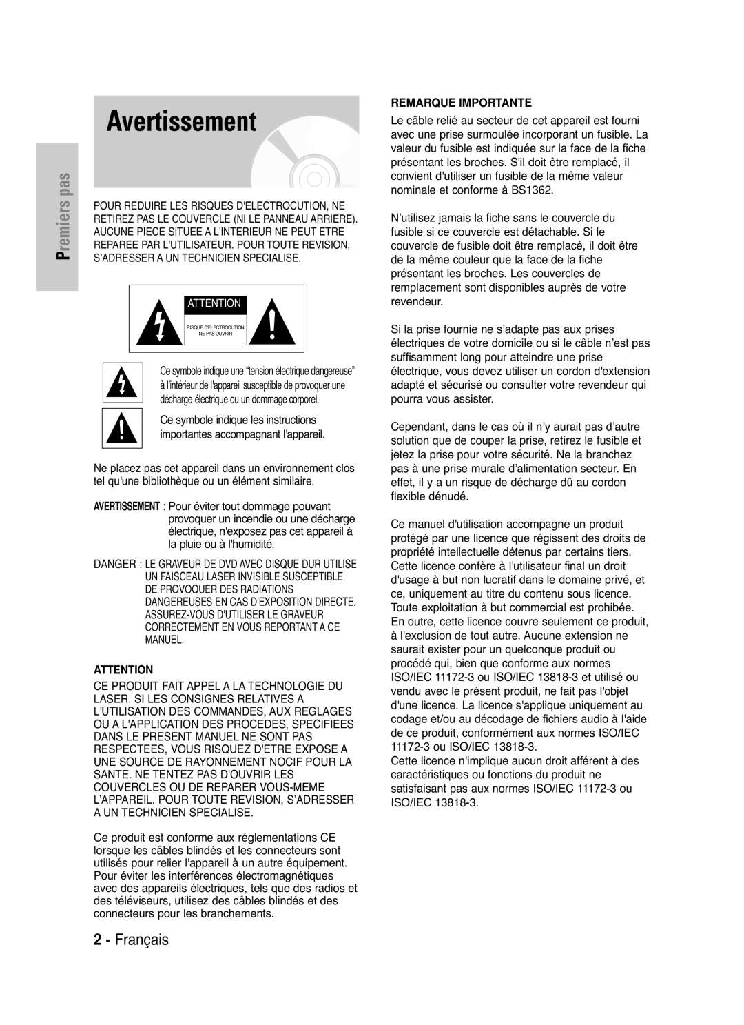 Samsung DVD-HR721/XEF manual Avertissement, Pour éviter tout dommage pouvant, La pluie ou à lhumidité 