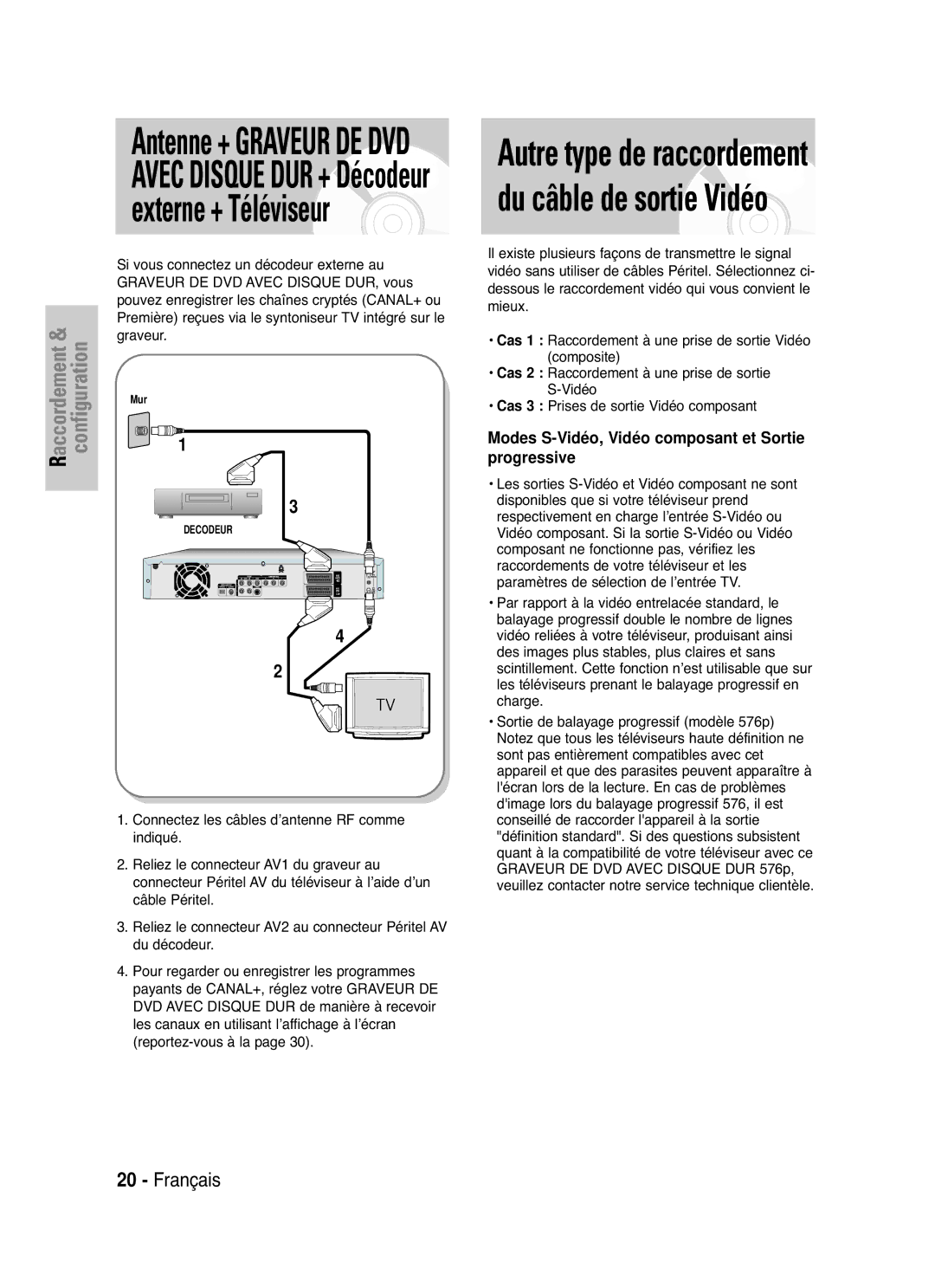 Samsung DVD-HR721/XEF manual Modes S-Vidéo, Vidéo composant et Sortie progressive, Si vous connectez un décodeur externe au 