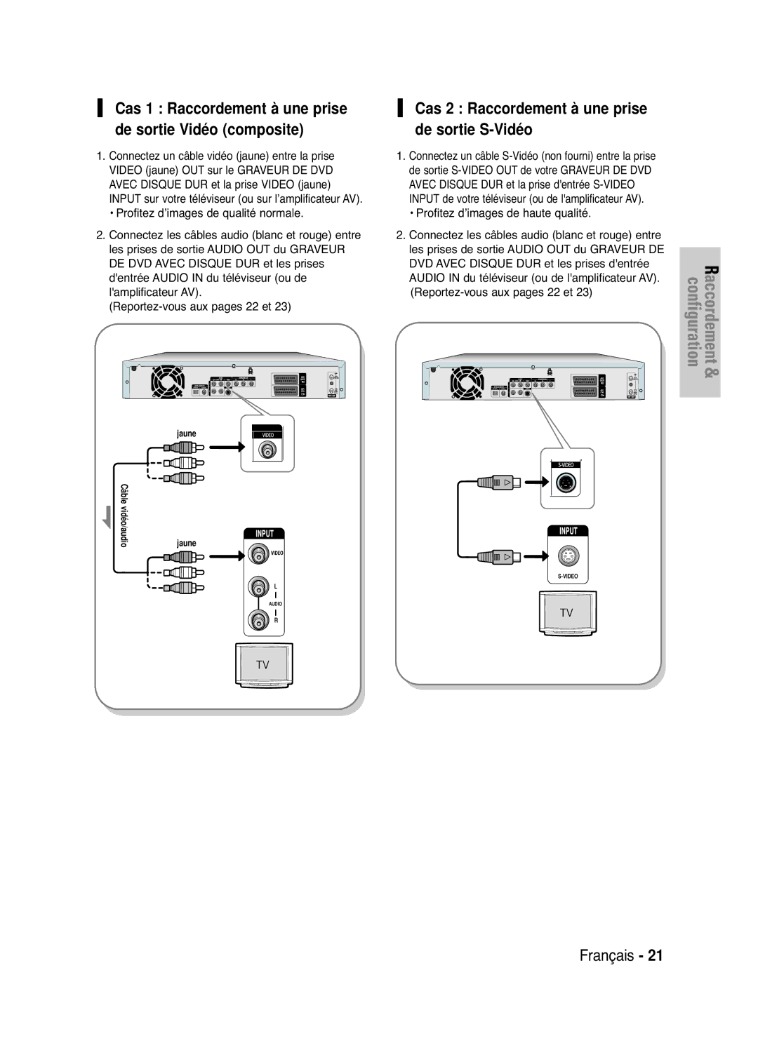 Samsung DVD-HR721/XEF manual Cas 2 Raccordement à une prise de sortie S-Vidéo, Profitez d’images de haute qualité 