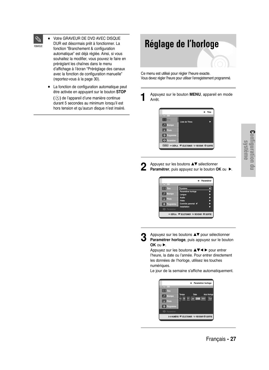 Samsung DVD-HR721/XEF manual Réglage de l’horloge, Votre Graveur DE DVD Avec Disque, Appareil en mode Arrêt 