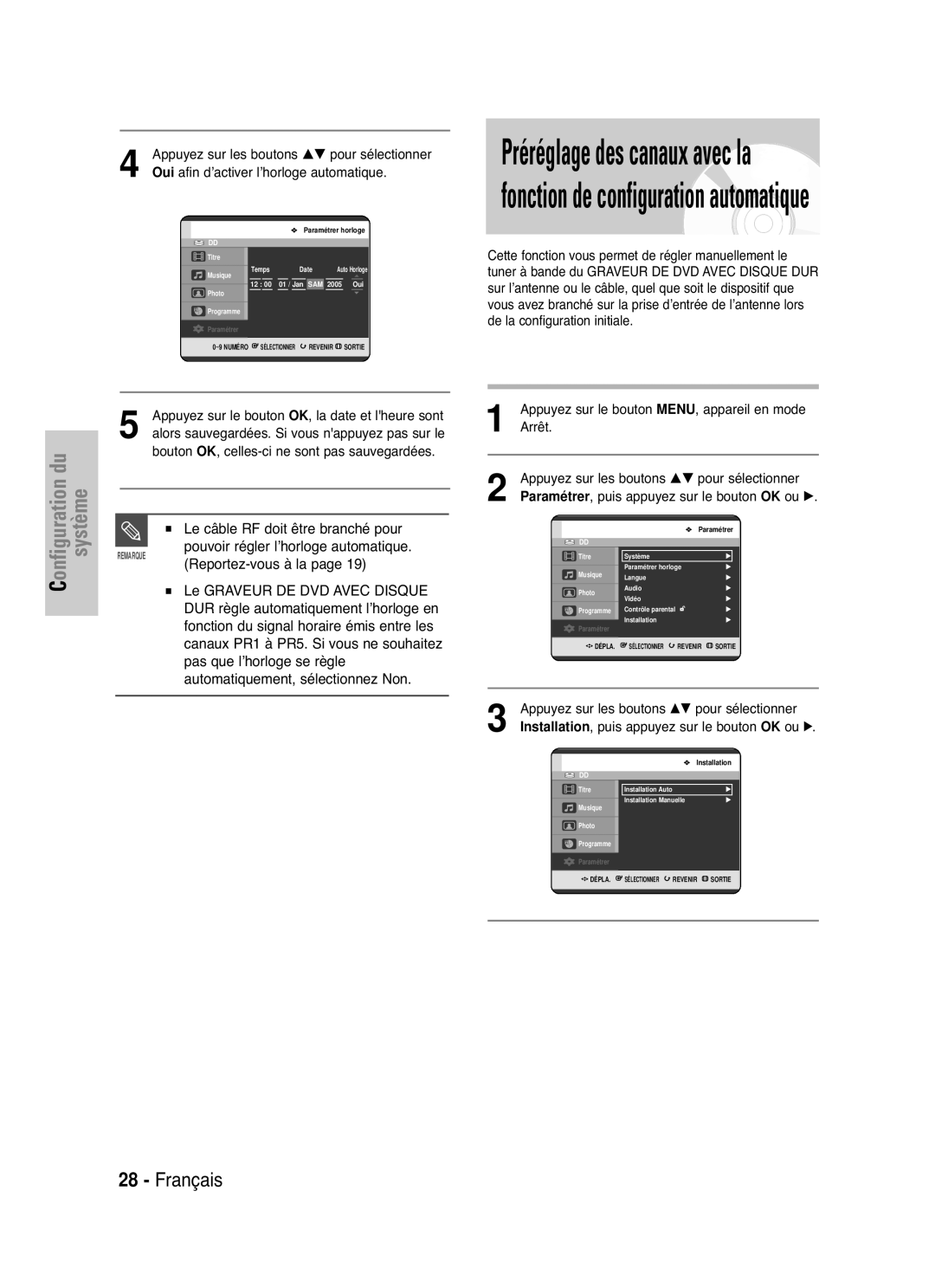 Samsung DVD-HR721/XEF manual Le câble RF doit être branché pour, Pouvoir régler l’horloge automatique 