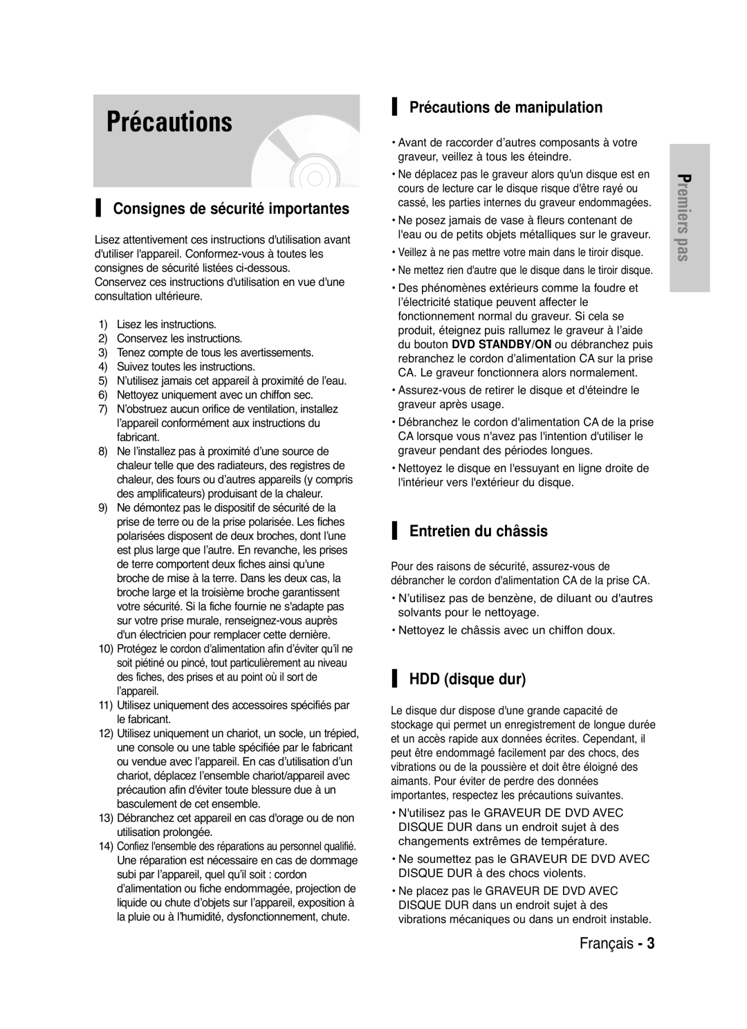 Samsung DVD-HR721/XEF manual Consignes de sécurité importantes, Précautions de manipulation, Entretien du châssis 