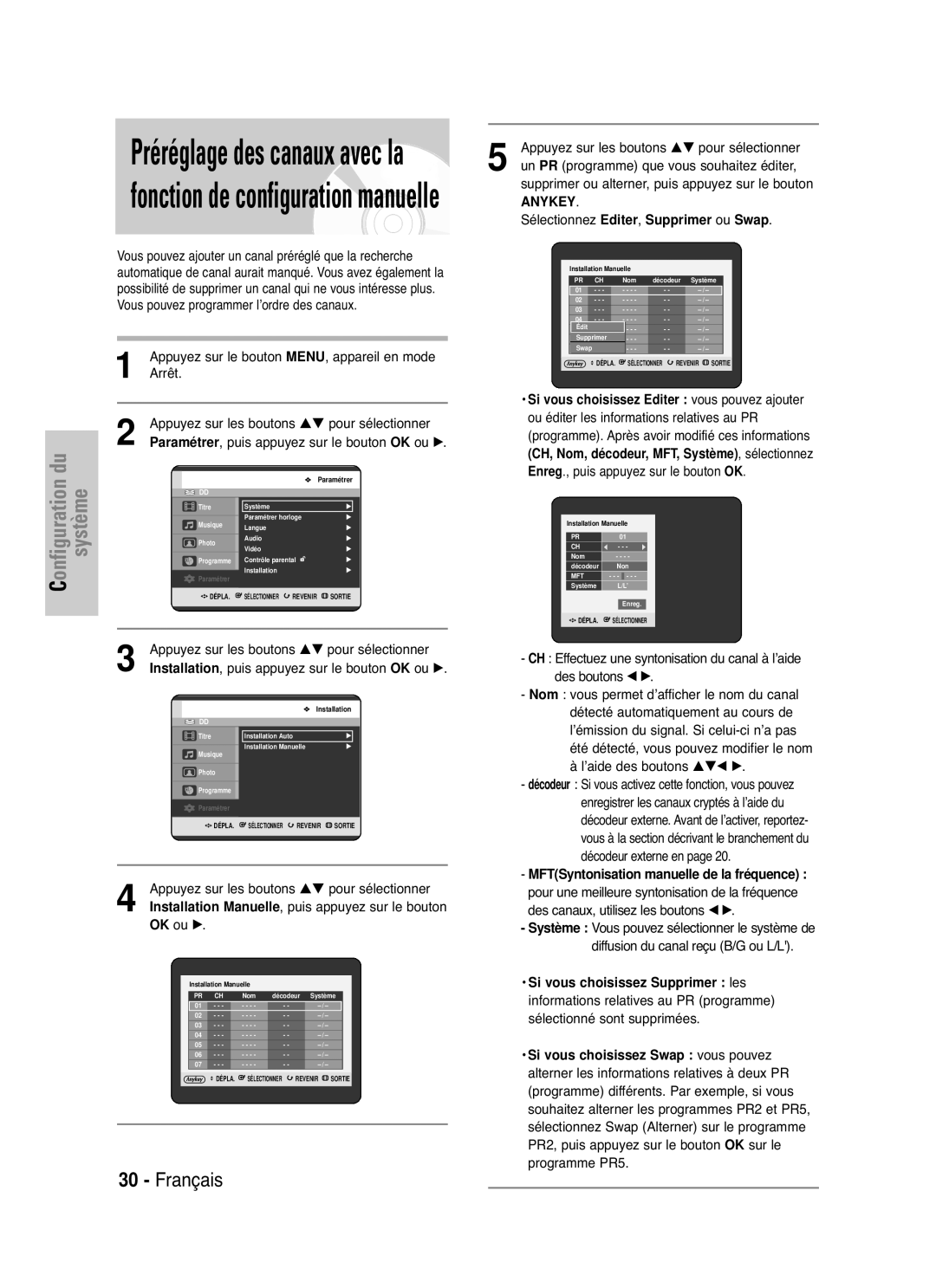 Samsung DVD-HR721/XEF manual Ou Swap, Si vous choisissez Editer vous pouvez ajouter, Enreg ., puis appuyez sur le bouton OK 