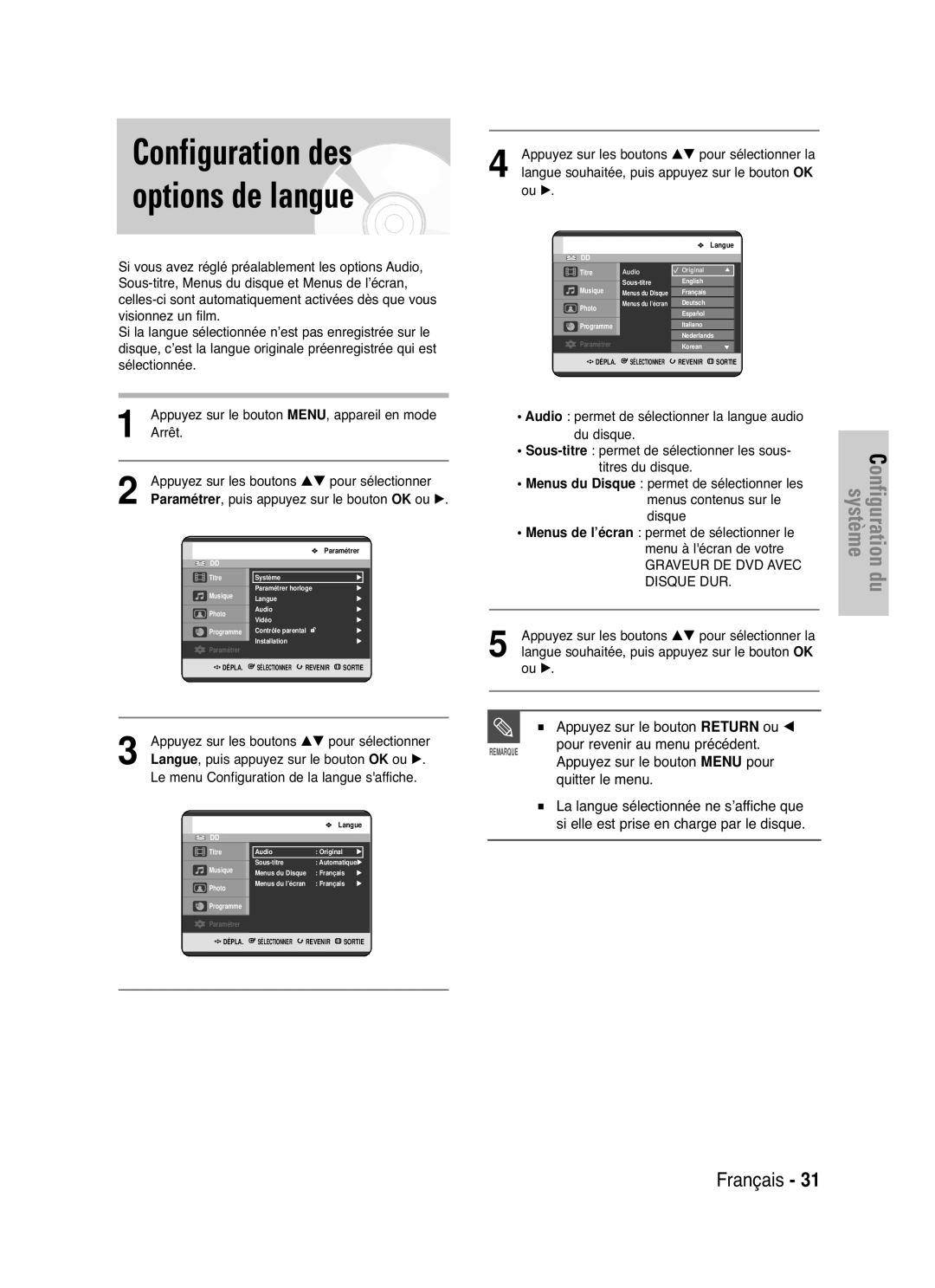 Samsung DVD-HR721/XEF Configuration des options de langue, Appuyez sur le bouton Return Ou œ, Quitter le menu, Disque DUR 