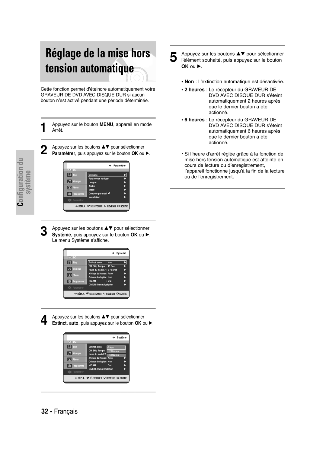 Samsung DVD-HR721/XEF manual Réglage de la mise hors tension automatique, Puis appuyez sur le bouton OK ou √, Heures, Auto 