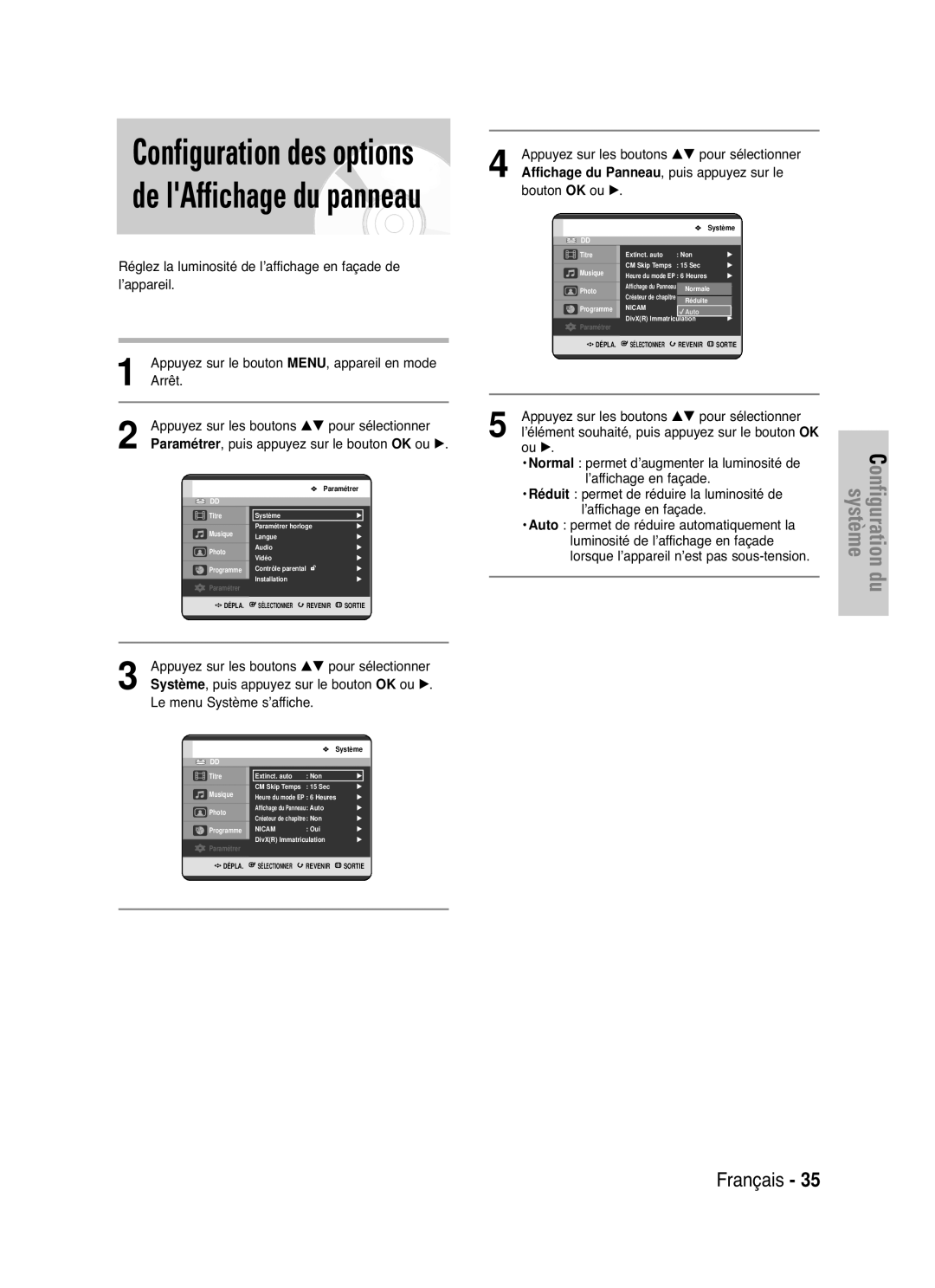 Samsung DVD-HR721/XEF manual Affichage du Panneau , puis appuyez sur le 