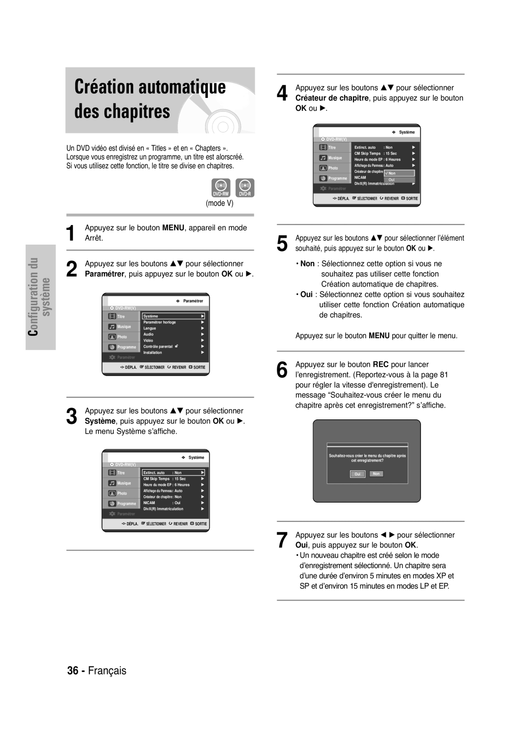 Samsung DVD-HR721/XEF manual Création automatique des chapitres, Mode, Arrêt Appuyez sur les boutons …† pour sélectionner 