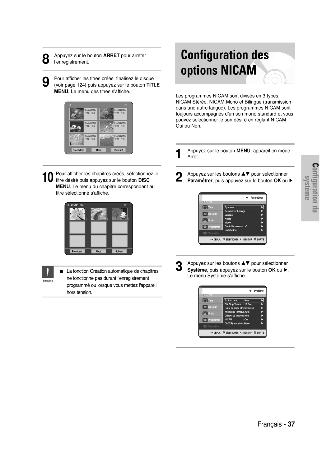 Samsung DVD-HR721/XEF manual Appuyez sur le bouton Arret, Titre désiré puis appuyez sur le bouton Disc 