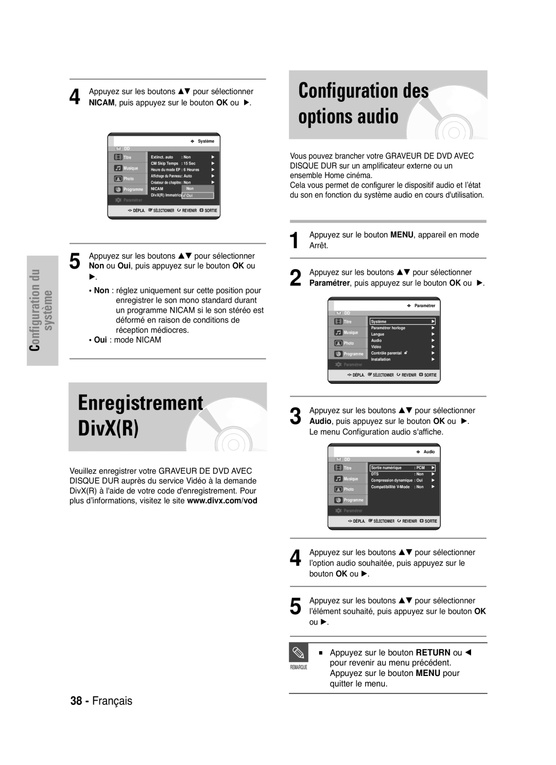 Samsung DVD-HR721/XEF manual Configuration des options audio, Pour revenir au menu précédent 