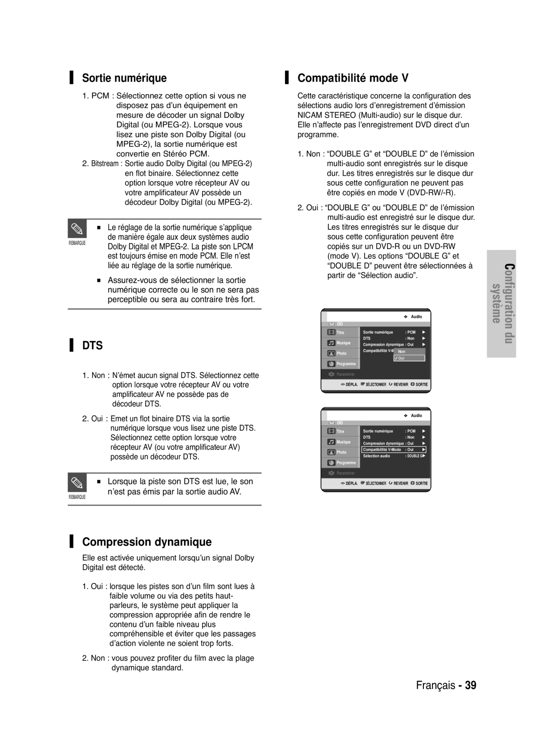 Samsung DVD-HR721/XEF manual Sortie numérique, Compatibilité mode, Compression dynamique 