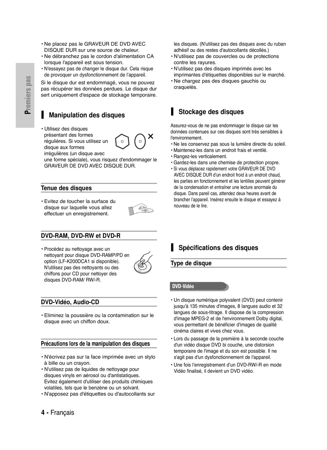 Samsung DVD-HR721/XEF manual Manipulation des disques, Stockage des disques, Spécifications des disques 