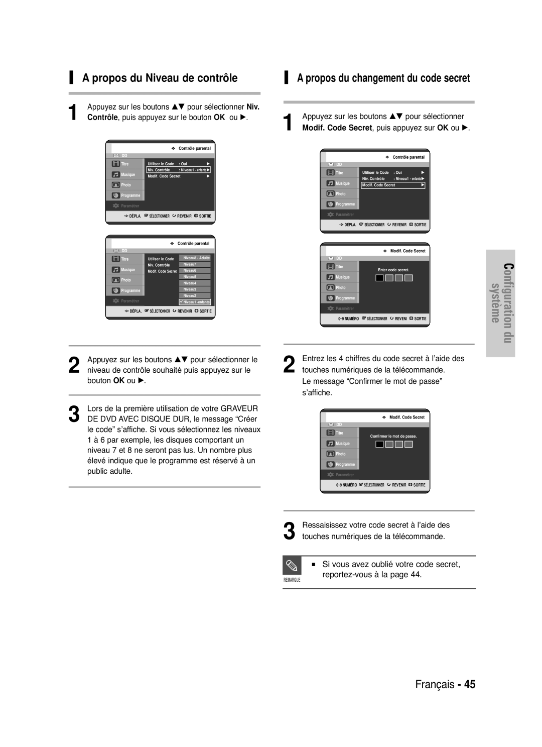 Samsung DVD-HR721/XEF manual Propos du Niveau de contrôle, Propos du changement du code secret 