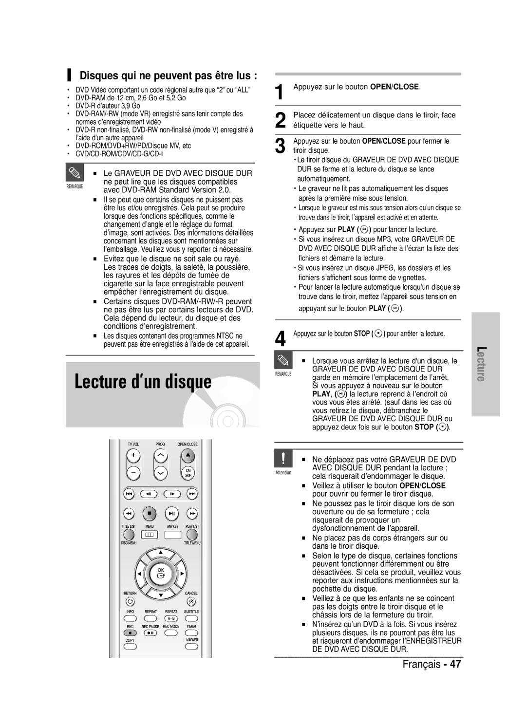 Samsung DVD-HR721/XEF manual Lecture d’un disque, Disques qui ne peuvent pas être lus, Le Graveur DE DVD Avec Disque DUR 