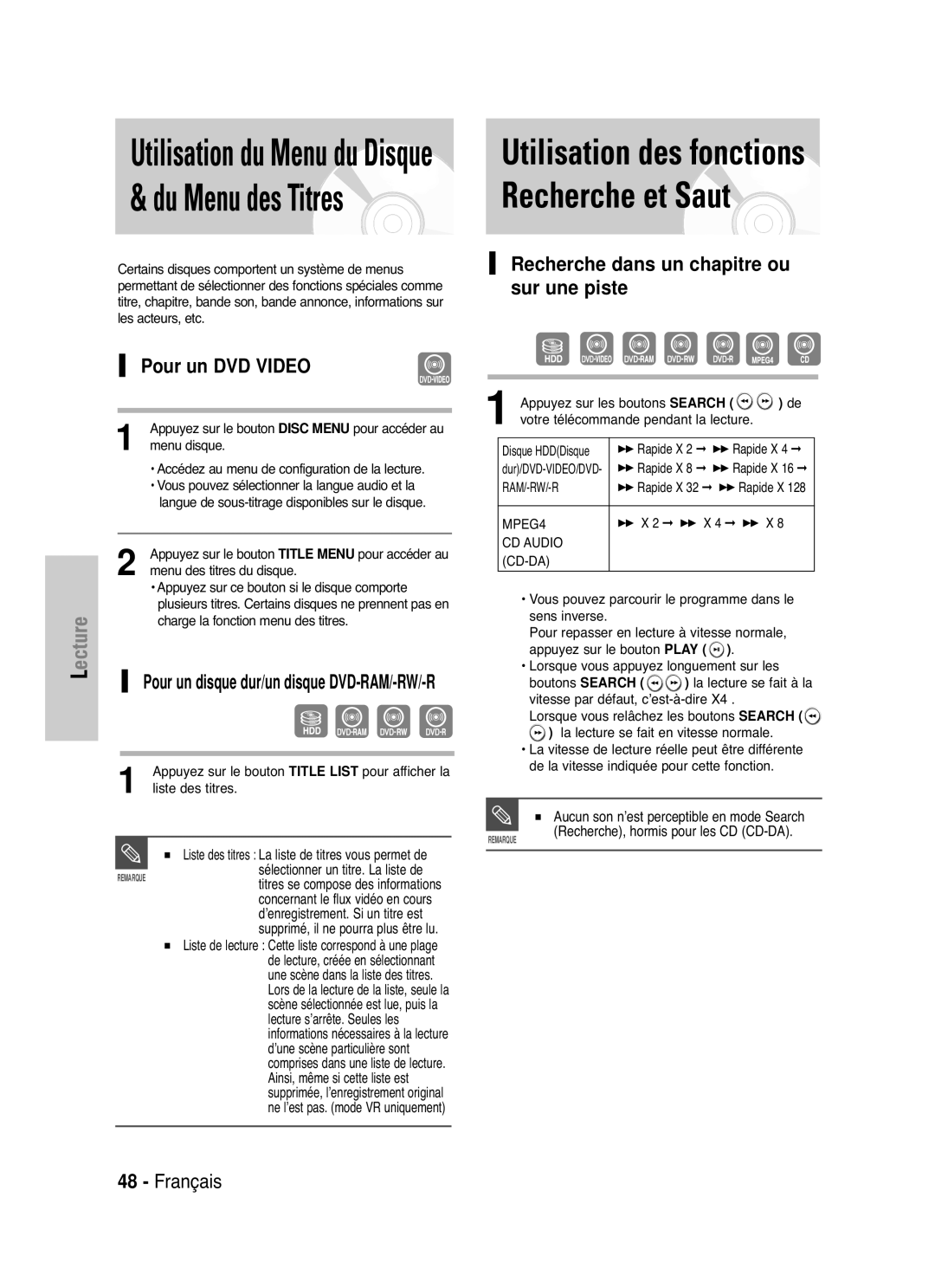 Samsung DVD-HR721/XEF manual Utilisation des fonctions Recherche et Saut, Pour un DVD Video 