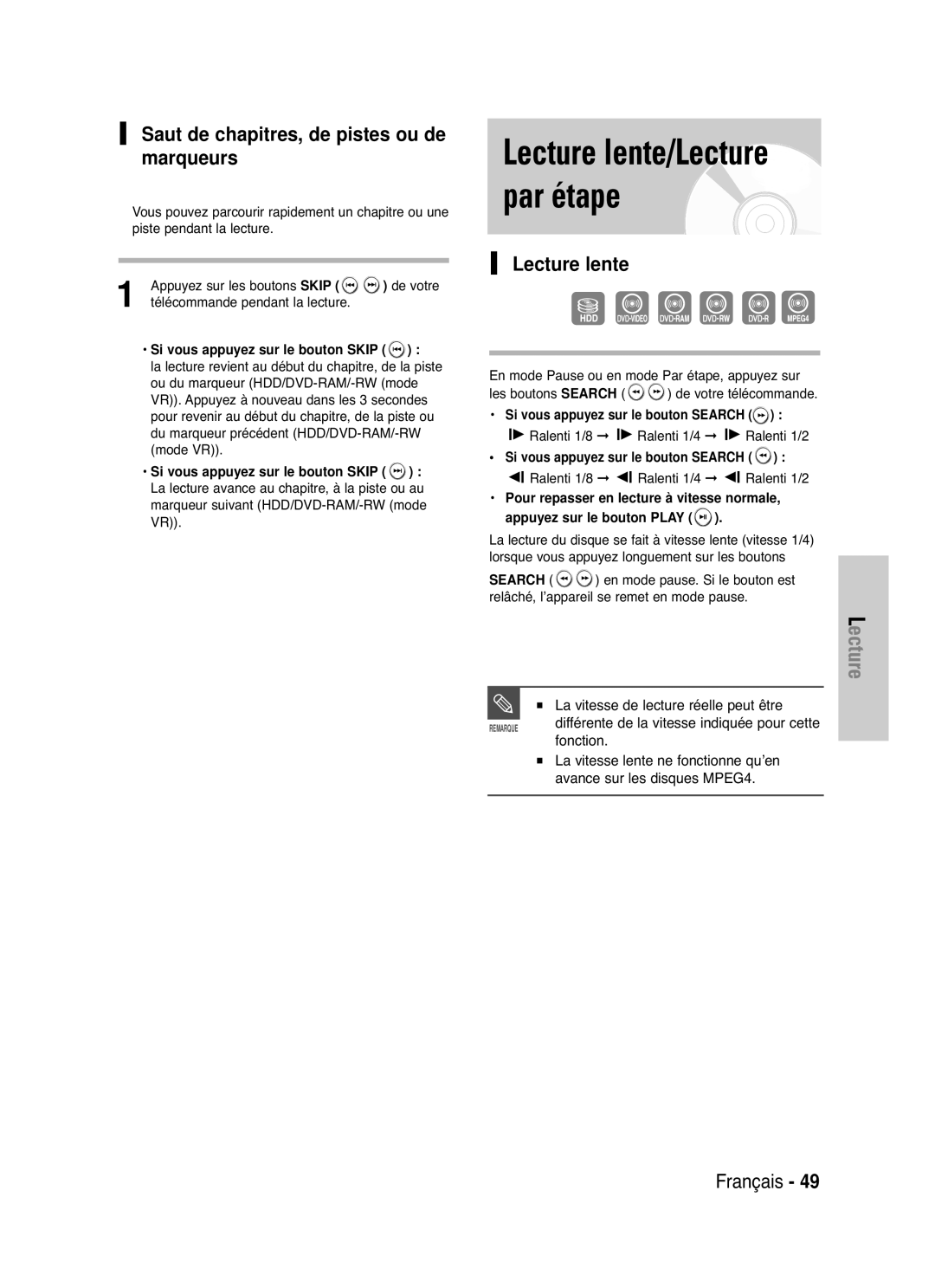 Samsung DVD-HR721/XEF manual Lecture lente/Lecture par étape, Saut de chapitres, de pistes ou de marqueurs 