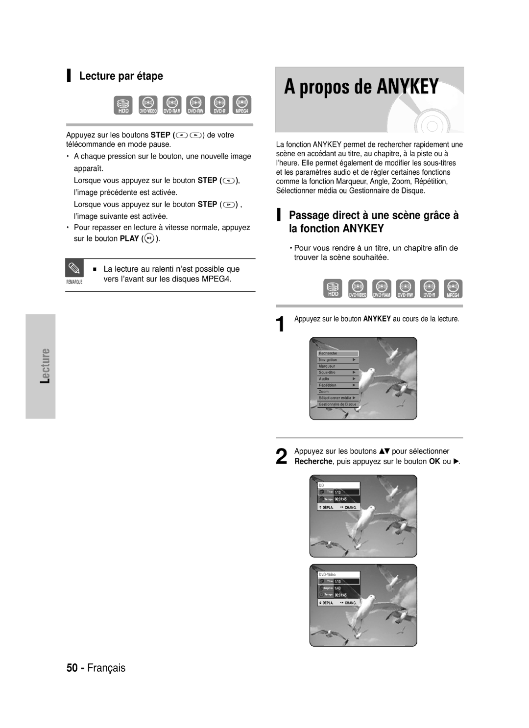 Samsung DVD-HR721/XEF manual Lecture par étape, Passage direct à une scène grâce à la fonction Anykey, 000145 