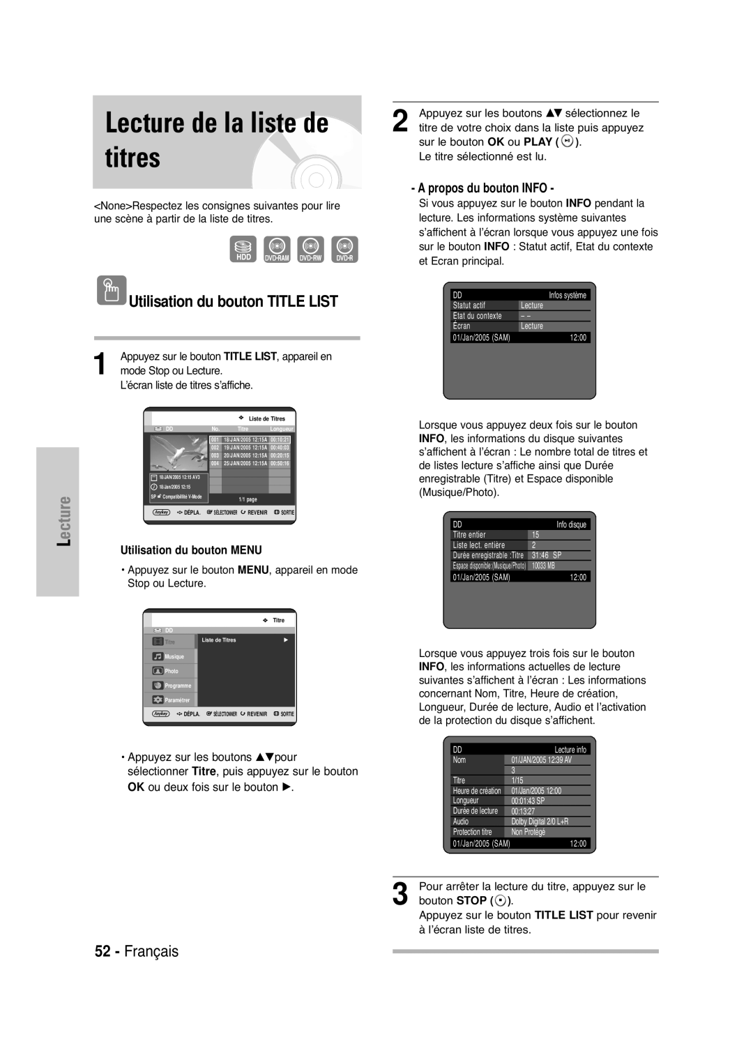 Samsung DVD-HR721/XEF manual Lecture de la liste de titres, Utilisation du bouton Title List, Utilisation du bouton Menu 