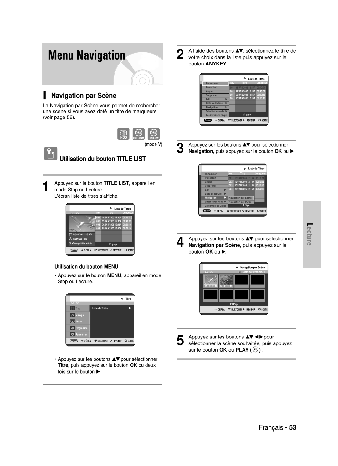 Samsung DVD-HR721/XEF manual Menu Navigation, Navigation par Scène, Utilisation du bouton Title List 