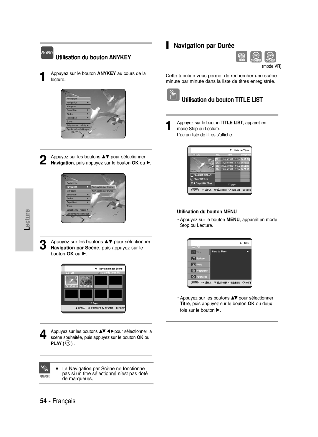 Samsung DVD-HR721/XEF Navigation par Durée, Utilisation du bouton Anykey, La Navigation par Scène ne fonctionne, Mode VR 