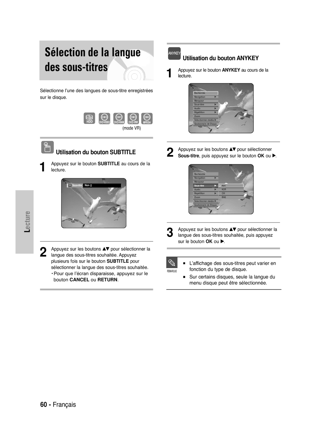 Samsung DVD-HR721/XEF manual Sélection de la langue des sous-titres, Appuyez sur le bouton Subtitle Au cours de la Lecture 