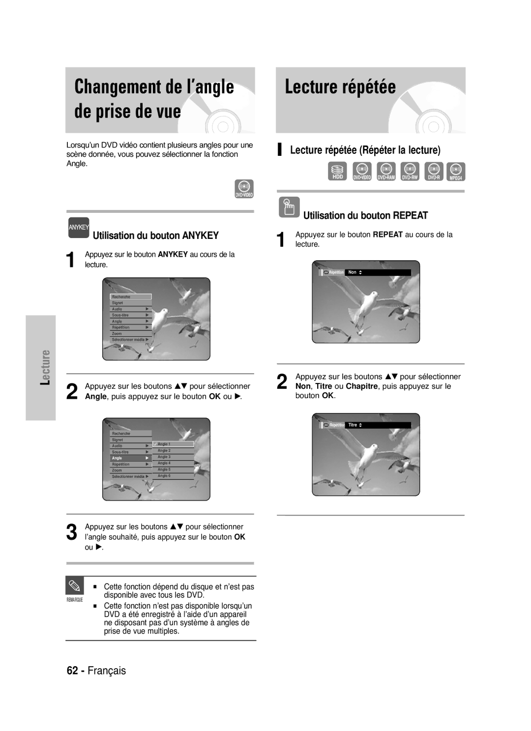 Samsung DVD-HR721/XEF manual De prise de vue, Lecture répétée Répéter la lecture, Utilisation du bouton Repeat 