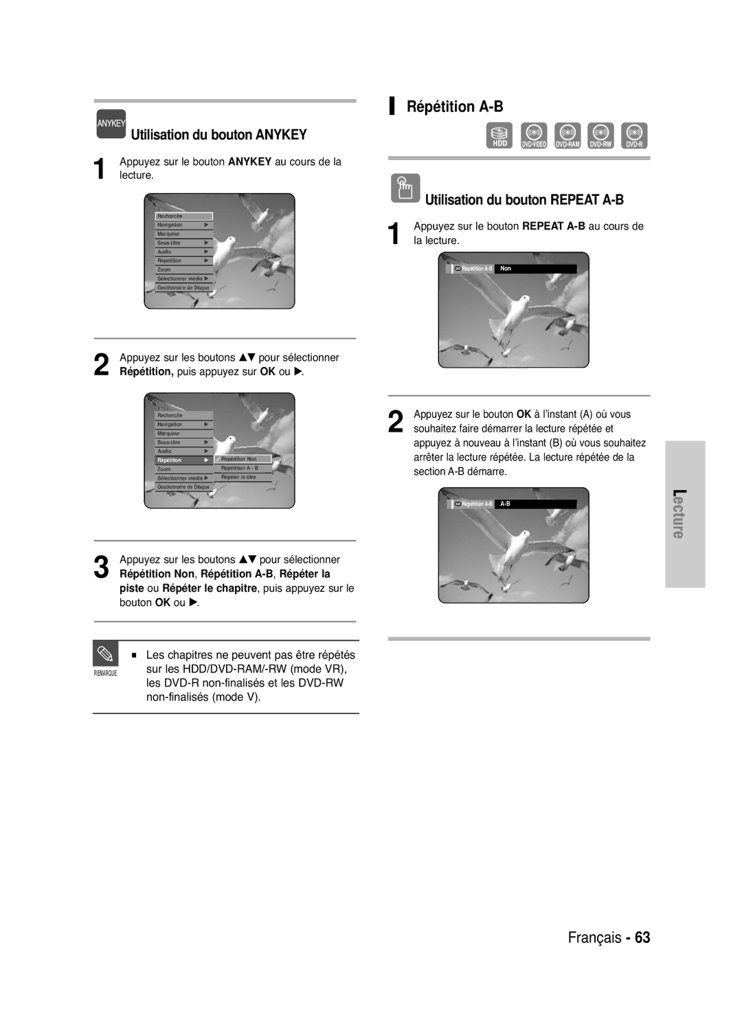 Samsung DVD-HR721/XEF manual Répétition A-B, Utilisation du bouton Repeat A-B, Sur les HDD/DVD-RAM/-RW mode VR 