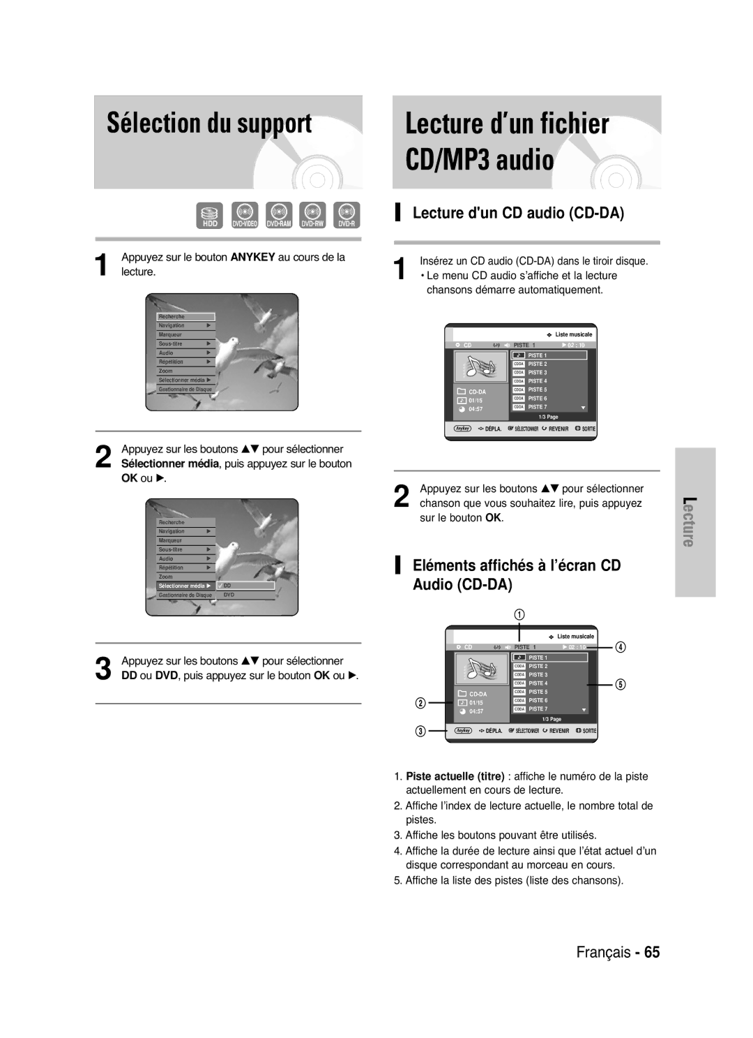 Samsung DVD-HR721/XEF manual Lecture d’un fichier CD/MP3 audio, Lecture dun CD audio CD-DA 