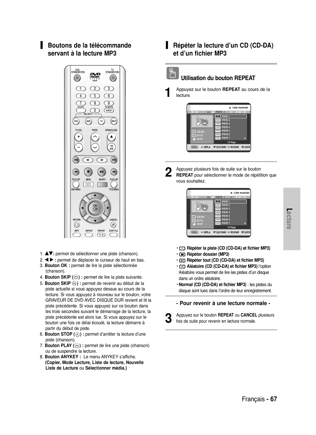 Samsung DVD-HR721/XEF manual Pour revenir à une lecture normale, Répéter la lecture d’un CD CD-DA et d’un fichier MP3 