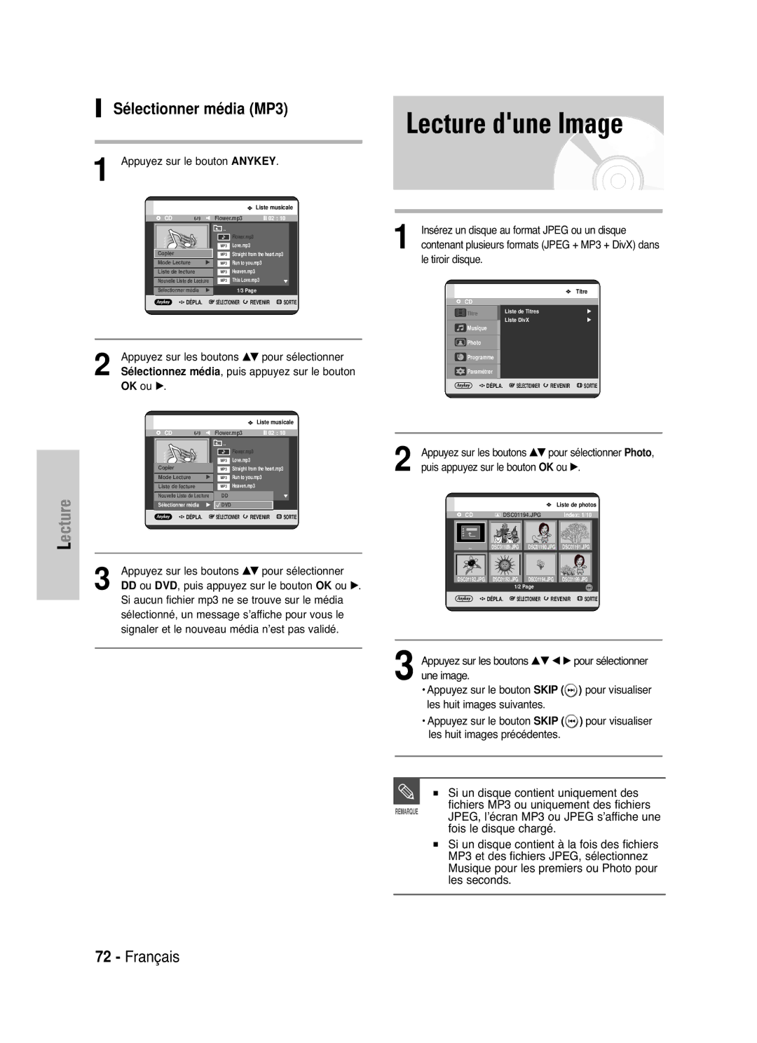 Samsung DVD-HR721/XEF Lecture dune Image, Sélectionner média MP3, Insérez un disque au format Jpeg ou un disque, Une image 