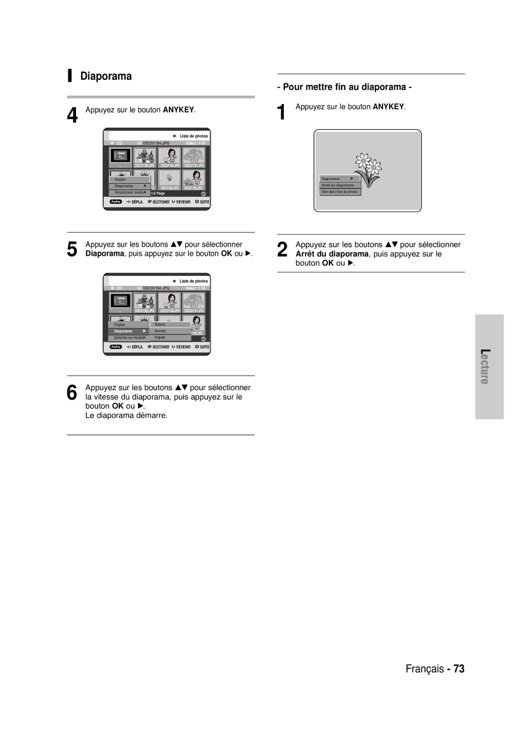 Samsung DVD-HR721/XEF manual Diaporama, La vitesse du diaporama, puis appuyez sur le 