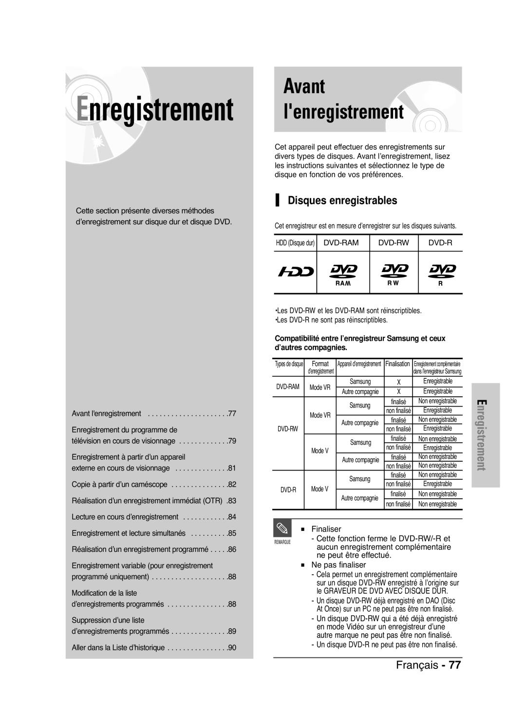 Samsung DVD-HR721/XEF Avant lenregistrement, Disques enregistrables, Finaliser, Ne peut être effectué, Ne pas finaliser 